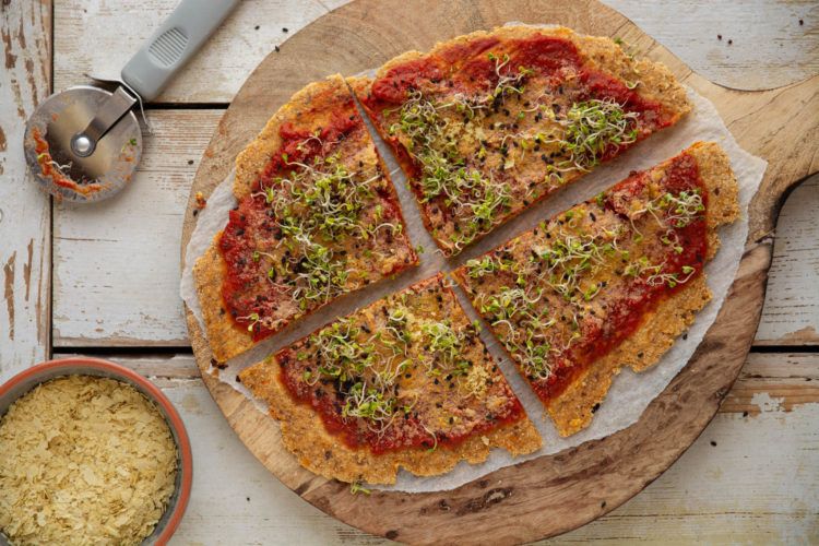 Healthy and delicious sweet potato pizza crust with wholesome ingredients.